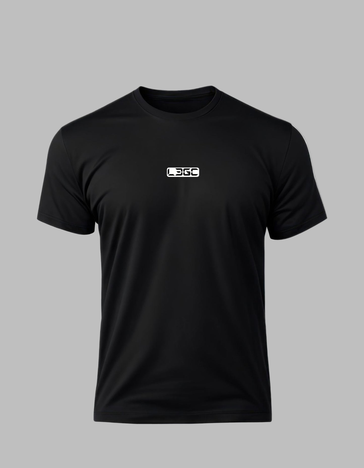 Black t-shirt with a logo on the chest against a white background