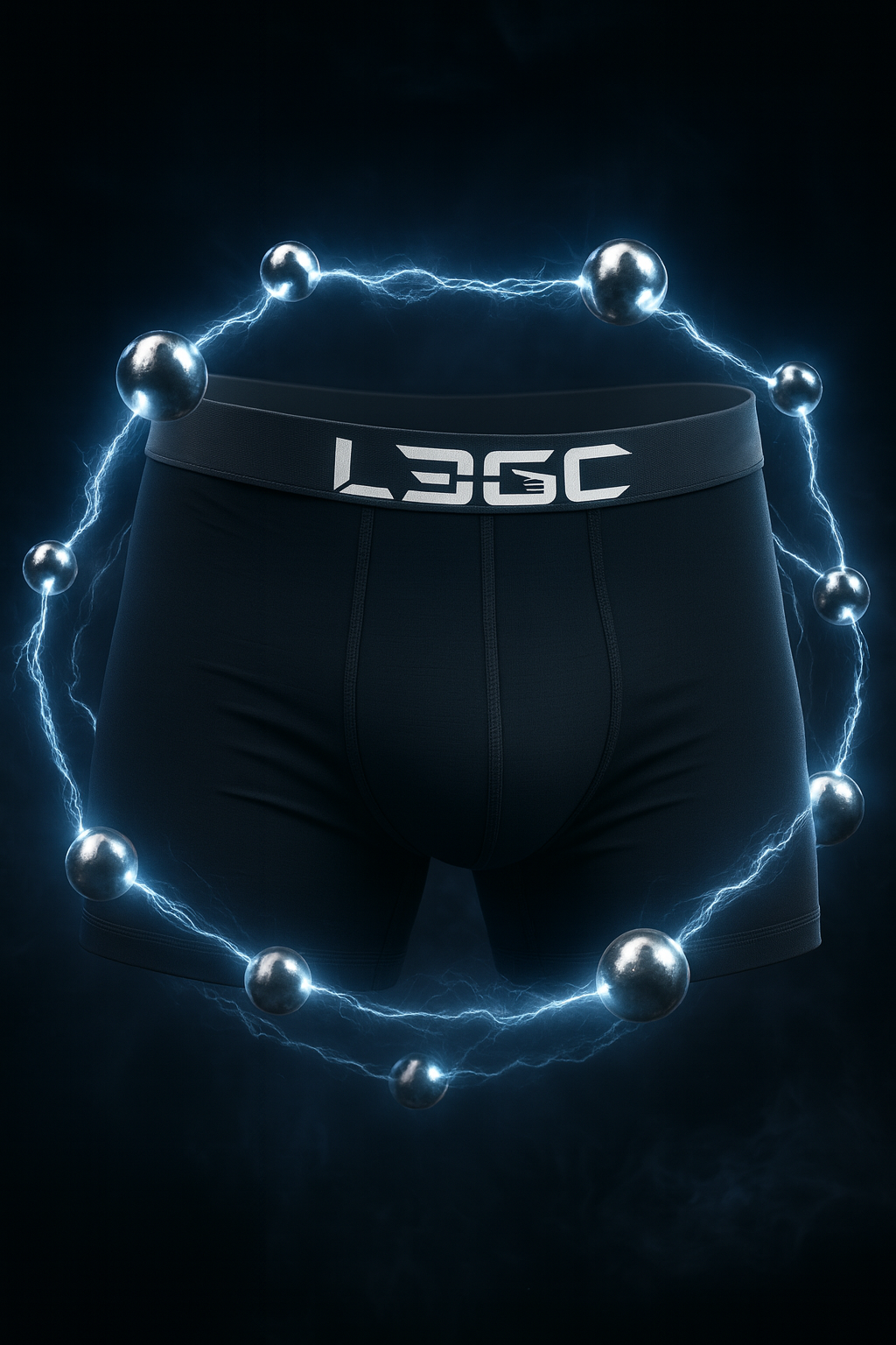 Black boxer briefs with 'L3GC' branding on a dark background with blue energy effect.