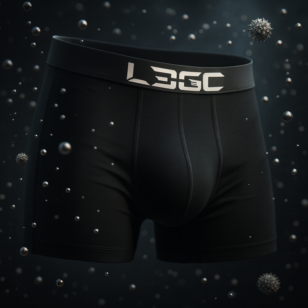 Black boxer briefs with a brand logo on a dark background with floating particles.