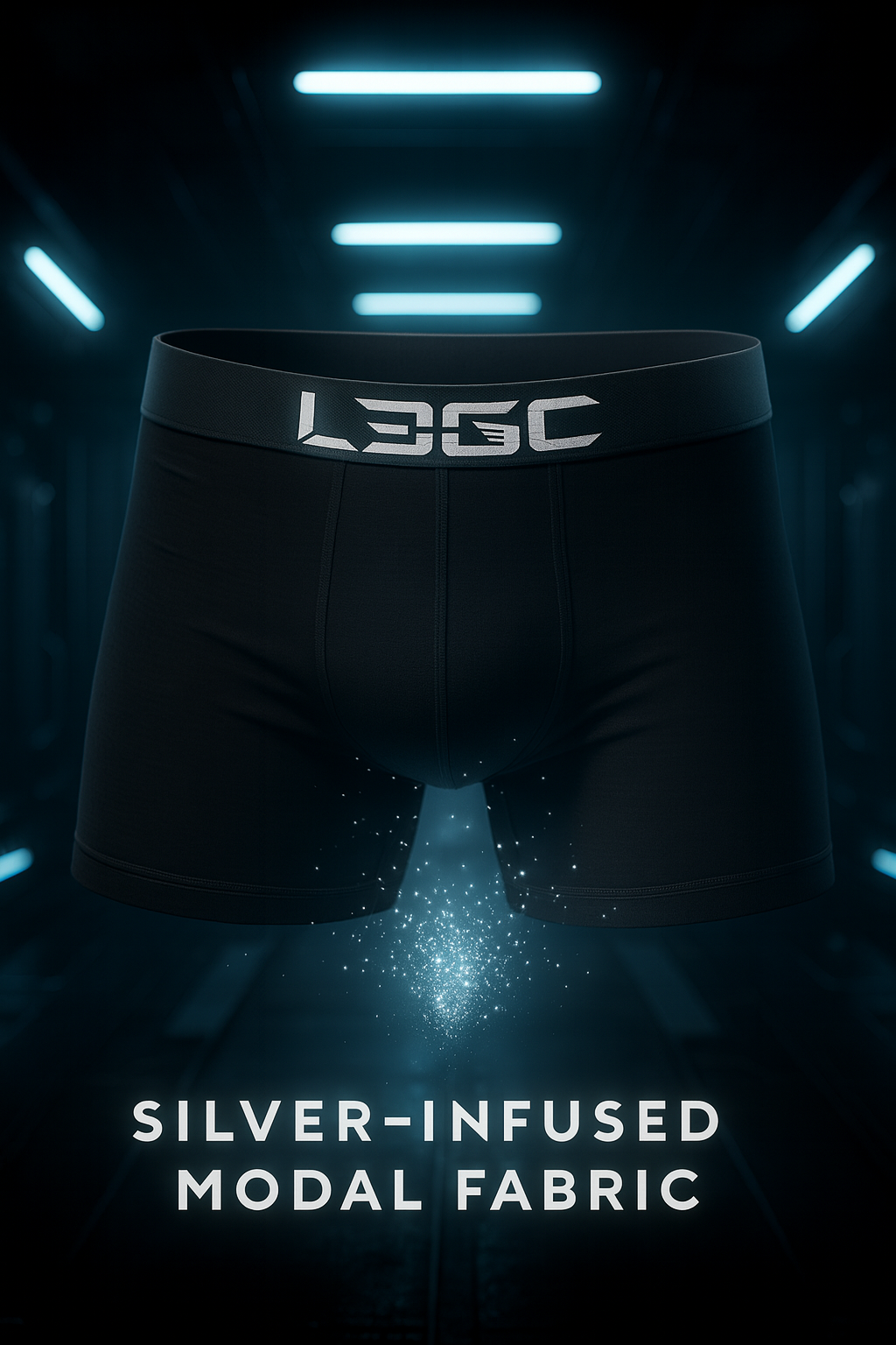 Black boxer briefs with 'LEG' brand on a dark background with glowing elements.