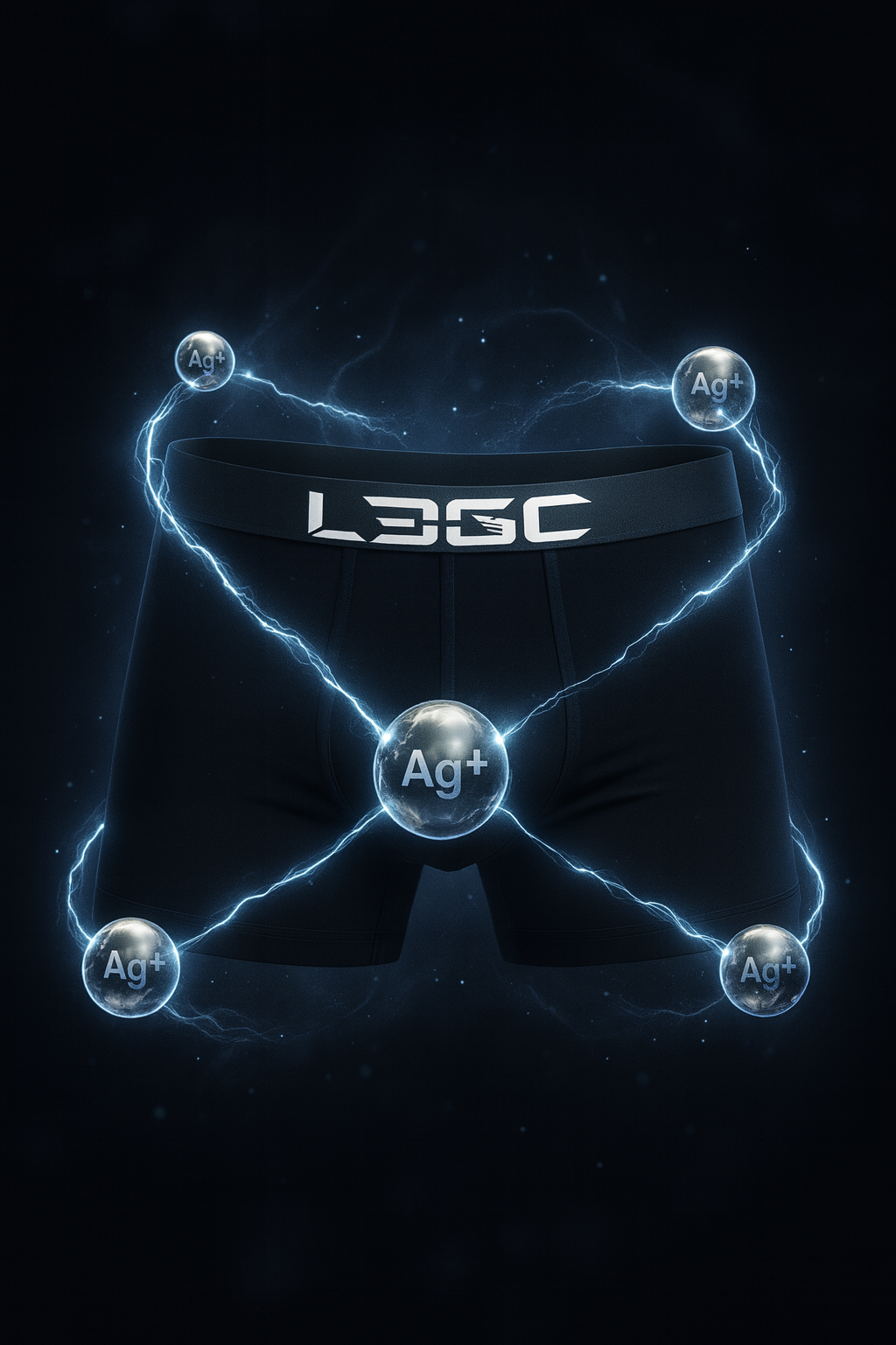 Black men's underwear with 'LEGC' branding on a dark background with glowing SILVER ION elements.