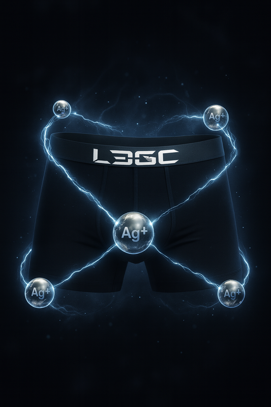Black men's underwear with 'LEGC' branding on a dark background with glowing SILVER ION elements.